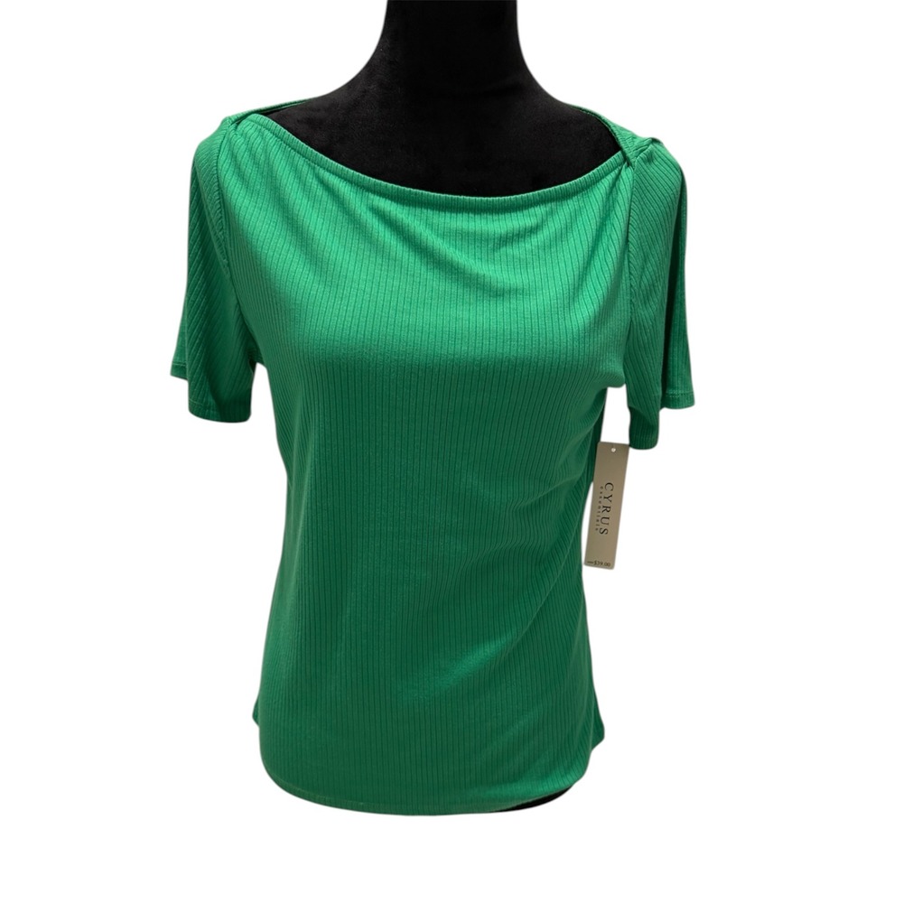 Cyrus Essentials Womens Green Ribbed Boat Neck Short Sleeve Top NWT Size L